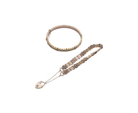 Two braceletsto include a gate link bracelet with padlock clasp, stamped 9ct; a 9ct gold Victorian seed pearl and turquoise s