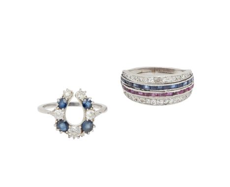 Two gem set ringsthe first modelled as a horseshoe, set throughout with old round-cut diamonds and sapphires, to a plain whit