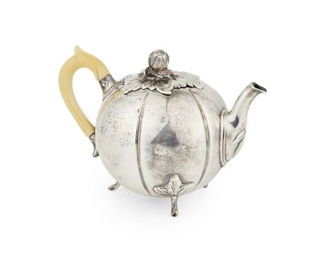 An early Victorian small teapotJ S Hunt, London circa 1830, of pumpkin shape, the hinged leaf cover with pumpkin finial, to a