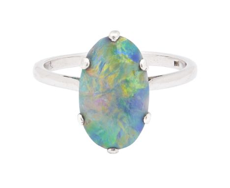 A black opal set ringclaw set with an oval black opal, to a plain white metal shank indistinctly markedRing size: P/Q