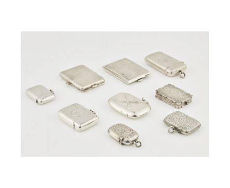 A collection of vesta cases, Golfing interesta vesta case with embossed crossed golf clubs, marked 925; five other early 20th