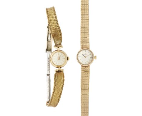 A lady's 9ct gold wrist watch, Omegathe small round dial with baton indicators, plain case, integral flexible gold brick link