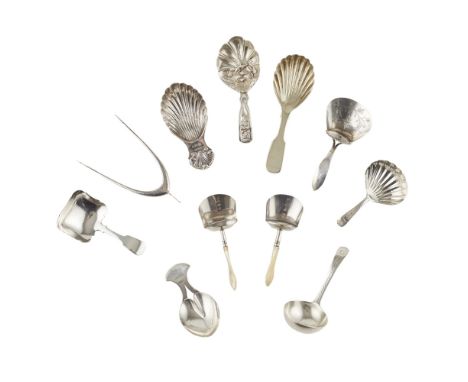 A collection of ten various caddy spoonstwo similar shovels, Samuel Pemberton, turned mother of pearl handles; three George I