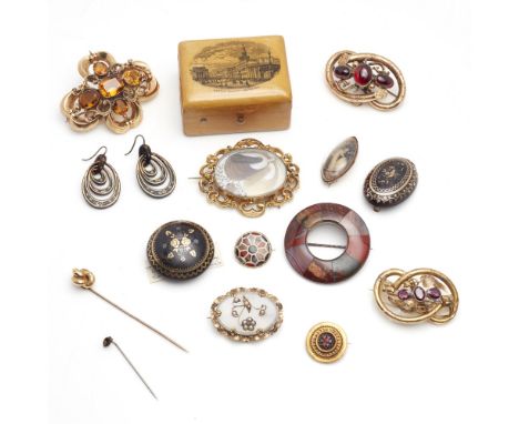 A collection of Victorian broochesin include a small agate set circular brooch, and another larger example; various citrine, 