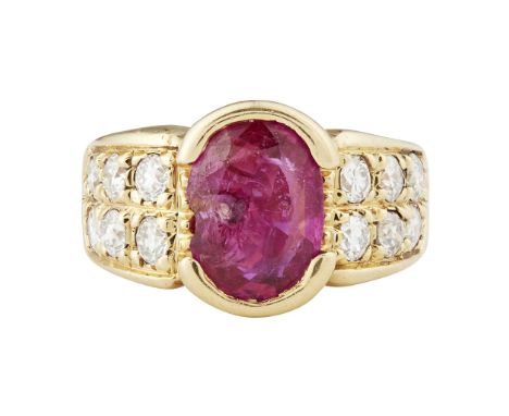 collet set with a cushion cut ruby, the shoulders each pavé set with six round cut diamonds with accompanying Gem &amp; Pearl