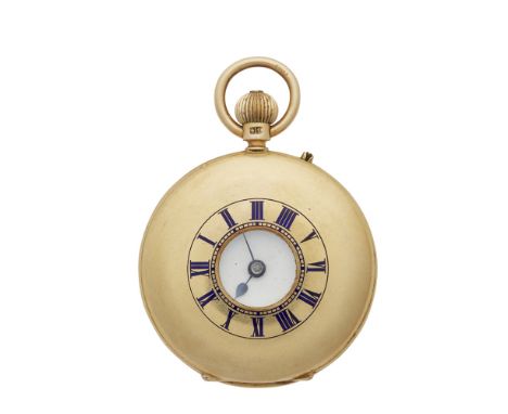 An 18ct gold half hunter cased pocket watchthe rear cover with engraved monogram, the front with blue Roman numerals, white e