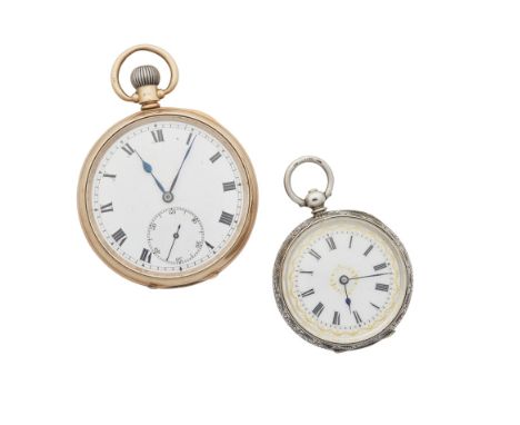 A 9ct gold open faced pocket watch and a silver pocket watch and keythe gold cased pocket watch, keyless wind, white dial wit