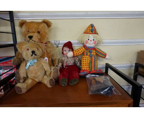 Vintage bears:&nbsp;a vintage 20" golden mohair teddy bear; together with a similar smaller example; an old ragdoll; a clown;