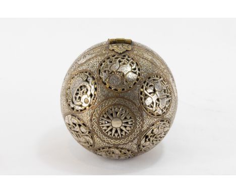 An Islamic Bronze Spherical Incense Burner Decorated with Floral Patterns & People Dancing in Silver Inlay with Intricate Ope