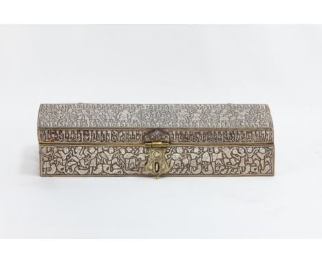 A Rare Islamic Bronze Qalamdan Pen Box Decorated with Islamic Calligraphy and People Standing in Silver Inlay.H: Approximatel