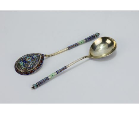 A Pair of Russian Silver & Enamel Spoons.L: Approximately 18.5cm100g 