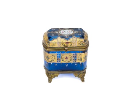 A Continental Blue Glass Casket Decorated with Enamel and Gilt from the 19th Century.H: Approximately 12cmL: Approximately 11