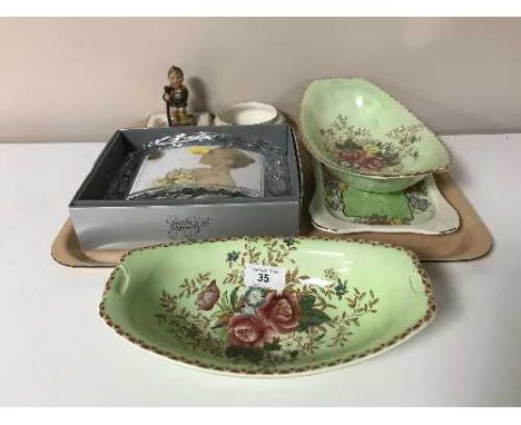 A tray of Maling Rosalind dishes, Maling Rosine plate, similar bowl, Goebel figure, French crystal photograph frame etc 