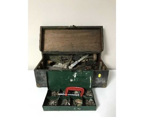 A pine joiner's tool box with hand tools, one further box of hand tools, Black & Decker sander etc 