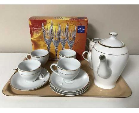 A tray of eleven piece Queen Elizabeth Golden Jubilee tea service, four boxed French crystal wine glasses 