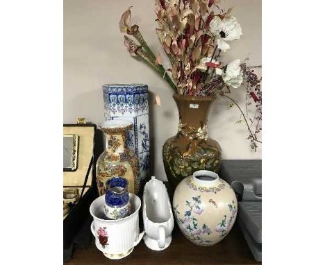 A large pottery hand painted vase of dried flowers, six assorted oriental vases, stick pot, Maling jug etc 