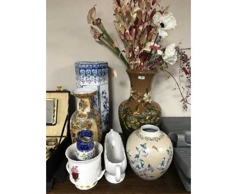 A large pottery hand painted vase of dried flowers, six assorted oriental vases, stick pot, Maling jug etc 