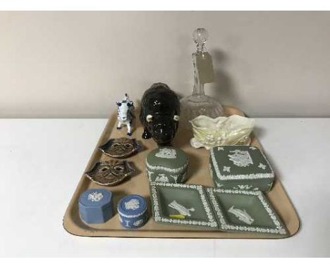 A tray containing six pieces of Wedgwood jasperware, a Melba ware bison, Belleek shell dish, glass decanter with stopper