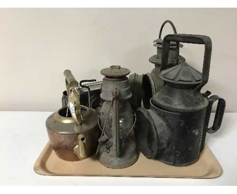 A tray of three railway lamps, an oil lamp, Radius brass stove, brass and copper kettle (no lid)