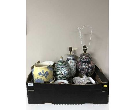 A box containing assorted china table lamps, Oriental lidded urns, planters, ginger jar, together with three further table la