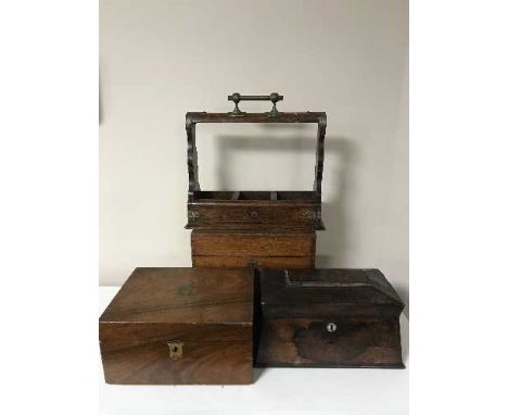 Two Victorian mahogany boxes, a rosewood caddy and a Tantalus 
