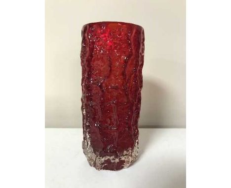 A Whitefriars ruby red cylindrical bark vase, height 19 cm designed by Geoffrey Baxter 