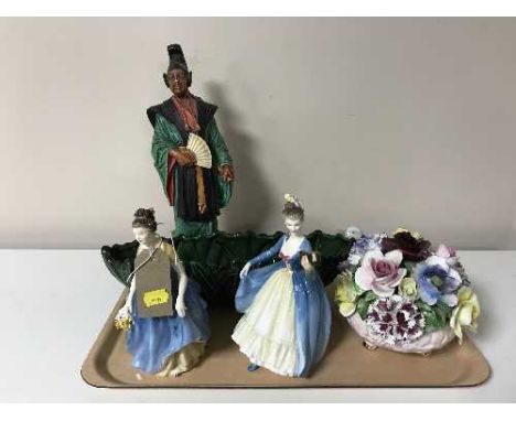 A tray of a Bossons Mikado figure, Sylvac bowl, Nao duck, two Royal Doulton figures - Leading Lady and Melanie 