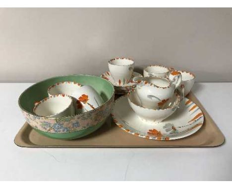 A tray containing a twenty-one piece hand painted Myott tea service No. 497, together with a circular Clarice Cliff fruit bow