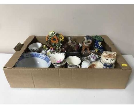 Two boxes of assorted tea china and tea plates, Leonardo teapot, flower posies, Majolica style fruit etc 