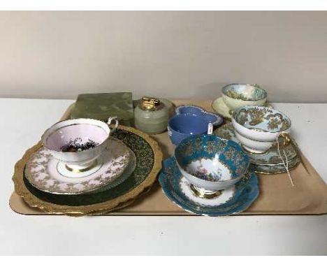 A tray of two pieces of Wedgwood jasper ware, Limoges plates, Paragon cups and saucers, onyx table box, lighter and ash tray 