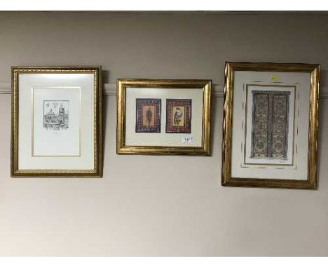Three gilt coloured framed prints depicting an Eastern temple, wall hanging and a pair of hunting birds 