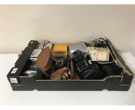A box of assorted digital and automatic cameras inc. Kodak Junior, Ultra Flex, Polaroid etc  