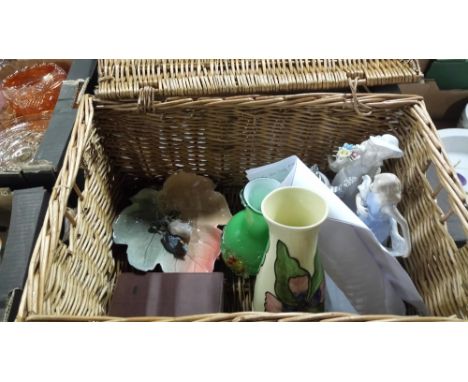 PICNIC BASKET OF WARE INCLUDING CHARLOTTE RHEAD VASE