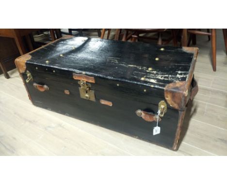 VINTAGE LEATHER & CANVAS TRUNK WITH SOLID BRASS FITTINGS
