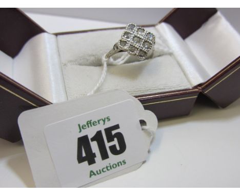 DIAMOND PLAQUE RING, 18ct white gold ring set a plaque of 9 diamonds size T