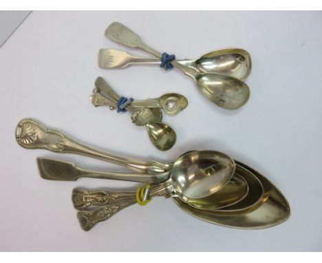 SILVER CUTLERY, Georgian silver serving spoon with shell finial, Victorian silver fiddle patterned spoon, 2 pairs of small co