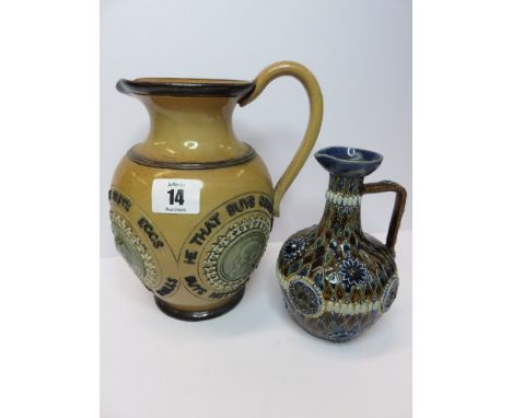 DOULTON LAMBETH, "Motto" stoneware jug decorated with 4 portrait plaques surrounded by verse in praise of ale dated 1883, tog