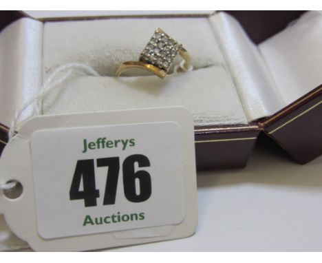 DIAMOND CLUSTER, 9ct yellow gold ring set a lozenge form cluster of diamonds, ring size J/K
