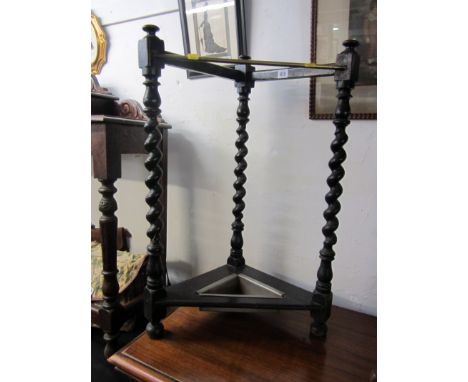 STICK STAND, oak barley twist support triangular stick stand with brass rail