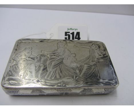 CONTINENTAL SILVER SNUFF BOX, antique rectangular form snuff box decorated with figures to the front and "The Great Wall" to 