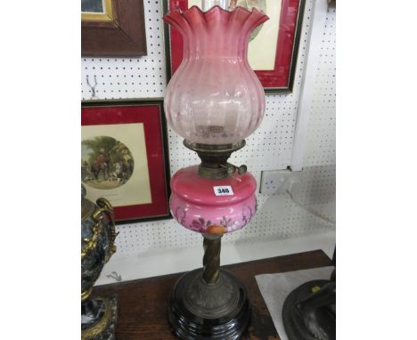 CRANBERRY OIL LAMP, late Victorian brass writhen column support oil lamp, painted pink milk glass reservoir with etched glass