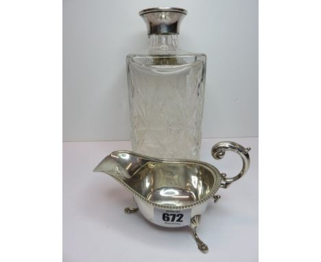 SILVER SAUCE BOAT, HM silver scroll handled sauce boat, Birmingham 1930, also silver collared decanter base