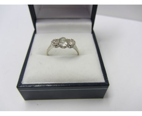 DIAMOND 3 STONE RING, quality 3 stone diamond ring on a 18ct white gold band, the central stone nearly .50ct, ring size P