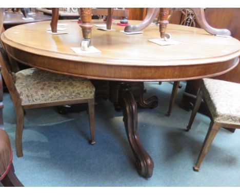 19TH CENTURY BREAKFAST TABLE, 19th Century mahogany veneered circular breakfast table on heavy turned support and carved trip