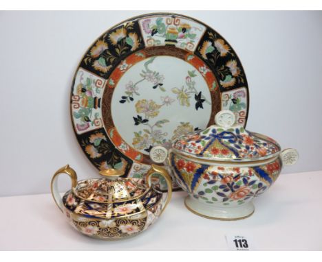 ROYAL CROWN DERBY, "Japan" pattern oval lidded sucrier, also Regency English porcelain lidded sucrier and Ashworth ironstone 