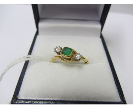 EMERALD & DIAMOND RING, 3 stone emerald and diamond ring on a 9ct yellow gold mount, ring size N 