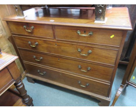 GEORGIAN CHEST OF DRAWERS, 2 short, 3 long graduated drawers with brass swan neck handles and bracket feet, 41" width