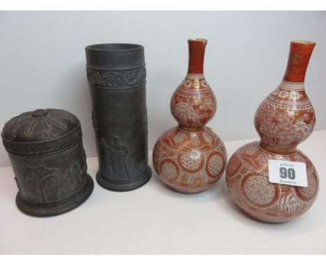 ORIENTAL CERAMICS, pair of Kutani double gourd posy vases, also Wedgwood black basalt cylindrical vase and lidded jar (finial