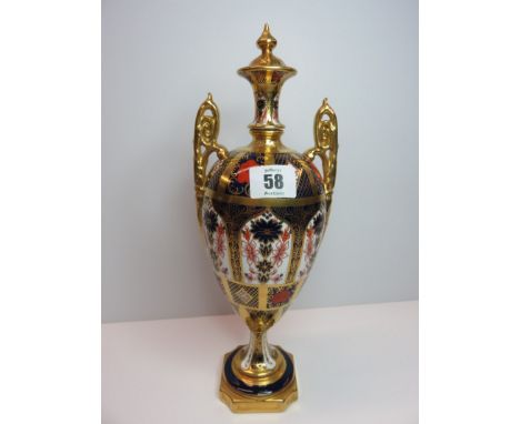 ROYAL CROWN DERBY VASE, "Japan" pattern pedestal square base twin burnished gold handled lidded vase, 12" height