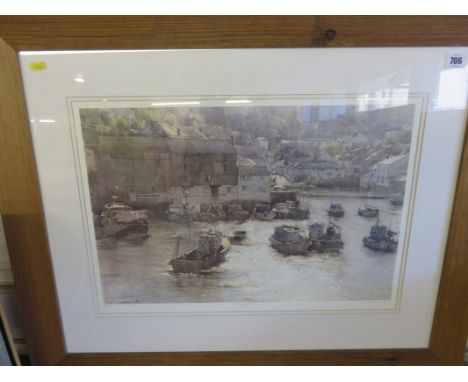 TJ CURTIS, signed limited edition colour print "Polperro Harbour" 13.5 x 20.5"